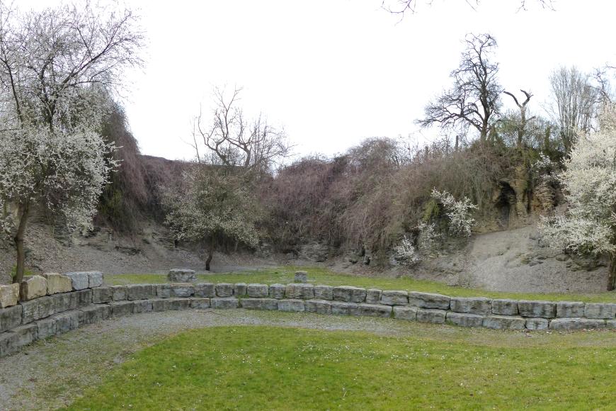 Blick auf die stark zugewachsenen, unterschiedlich hohen Wände eines ehemaligen Steinbruches. Im Vordergrund trennt eine niedrige, im Bogen verlaufende Steinmauer das Abbaugelände von einer Wiese.
