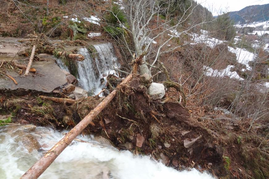 Im Vordergrund befindet sich ein stark angeschwollener Wasserlauf. Darüber ist aufgewühltes Erdreich, Gesteinsbrocken sowie ein entwurzelter Baum zu sehen. Im Hintergrund befindet sich eine Wehranlage, auf der einige mitgerissene Baumstämme liegen.