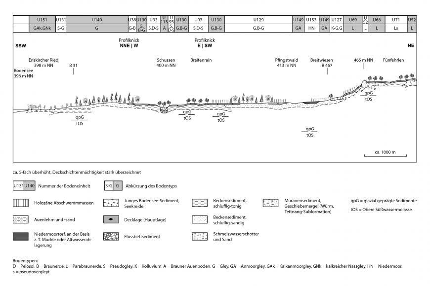 Schwarzweiß gestalteter Profilschnitt der Landschaft zwischen Eriskirch und Tettnang, mit dem Bodenseerand links und dem Schussenbecken nahe der Bildmitte.