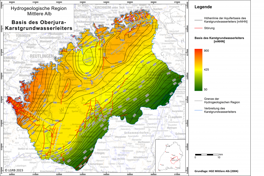 Blick auf eine farbige Übersichtskarte zum Thema Basis des Oberjura-Karstgrundwasserleiters in der Hydrogeologischen Region Mittlere Alb.