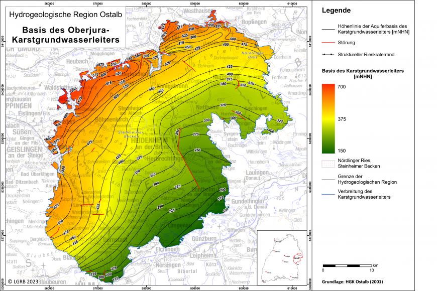 Blick auf eine mehrfarbige Übersichtskarte zum Thema Basis des Oberjura-Karstgrundwasserleiters in der Hydrogeologischen Region Ostalb.