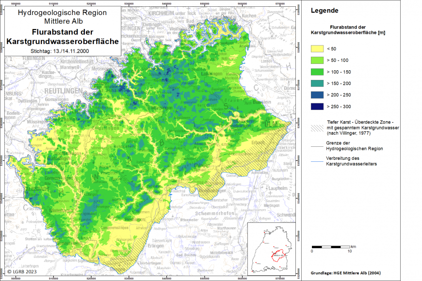 Blick auf eine farbige Übersichtskarte zum Thema Flurabstand der Karstgrundwasseroberfläche in der Hydrogeologischen Region Mittlere Alb.