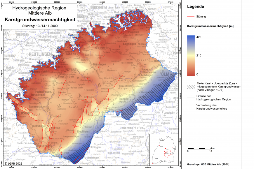 Blick auf eine farbige Übersichtskarte zum Thema Karstgrundwassermächtigkeit in der Hydrogeologischen Region Mittlere Alb.