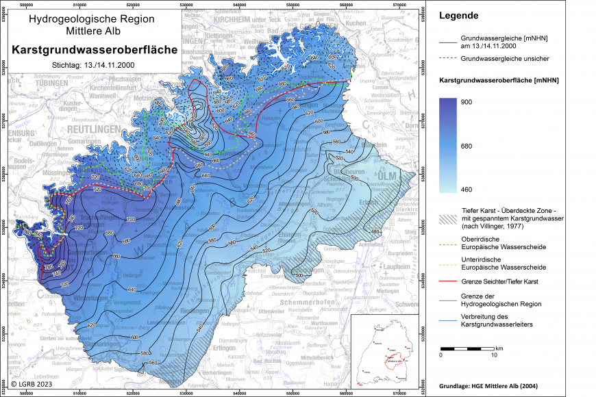 Blick auf eine farbige Übersichtskarte zum Thema Karstgrundwasseroberfläche in der Hydrogeologischen Region Mittlere Alb.
