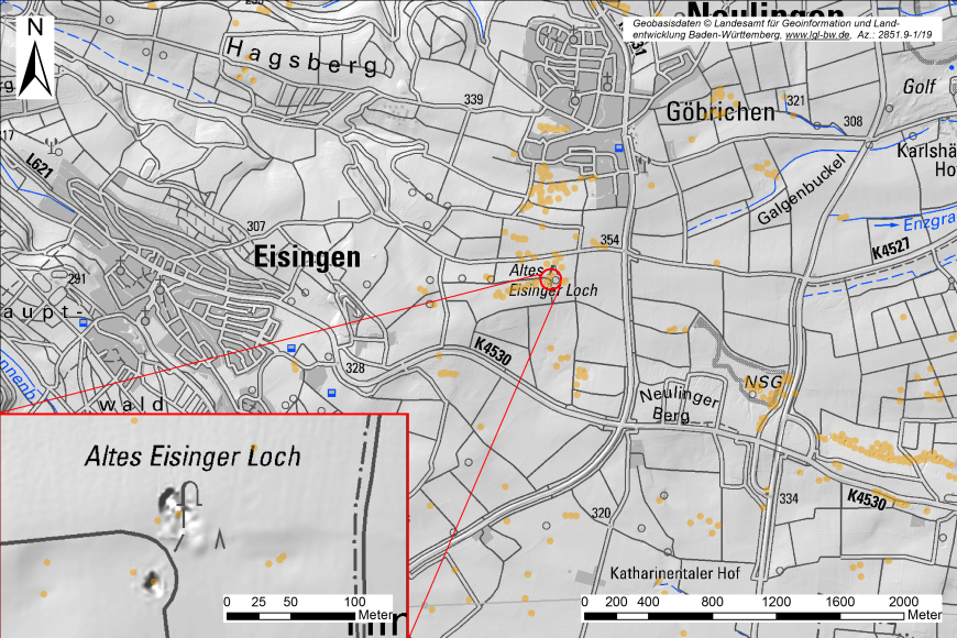 Digitale Geländekarte von Eisingen und Umgebung. Hervorgehoben ist die Lage der Eisinger Löcher (Vergrößerung am linken Bildrand).