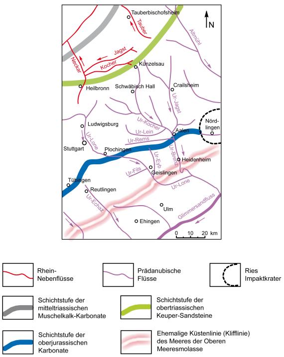 Vereinfachte farbige Übersichtskarte mit Flüssen und Schichtstufen im Mittel- und Obermiozän in Ostwürttemberg. Am rechten Bildrand ist noch das Nördlinger Ries eingezeichnet.