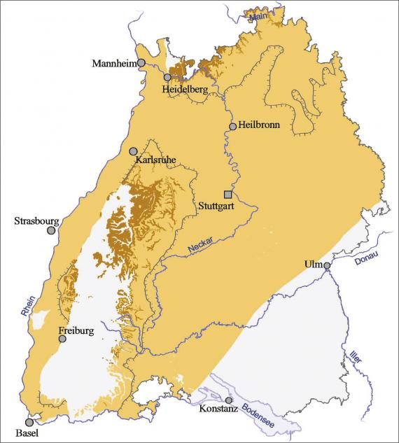 Blick auf eine Übersichtskarte von Baden-Württemberg. Farbig abgesetzt (hellbraun) ist der Ausstrich und die Verbreitung von Unterem und Mittlerem Buntsandstein.
