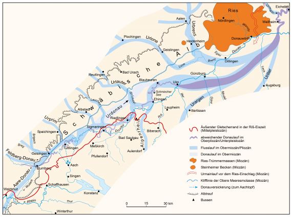 Mehrfarbige Grafik, die den Bereich der Schwäbischen Alb mit der Donau und ihren wichtigsten Zuflüssen im Zeitalter Jungtertiär und Unterpleistozän zeigt.