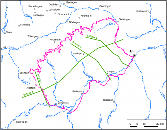 Blick auf eine vereinfachte Übersichtskarte der Hydrogeologischen Region Mittlere Alb. Eingetragen sind auf der Karte die Verläufe von vier Schnittzeichnungen.