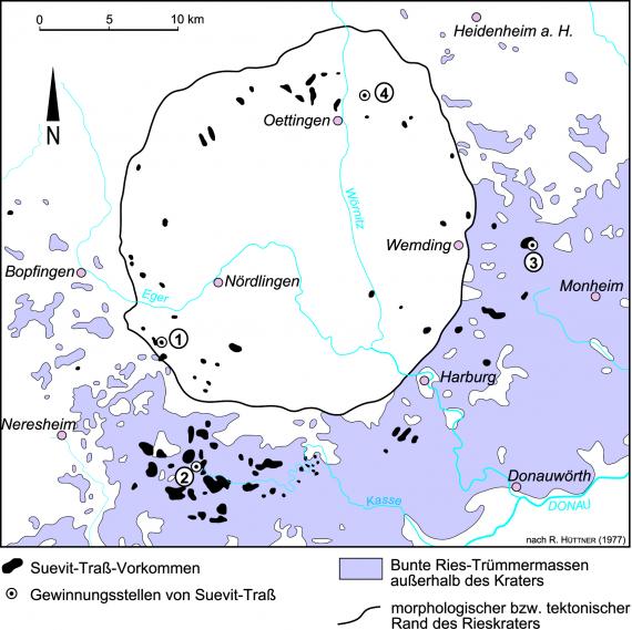 Übersichtskarte des Rieskraters und Verbreitung von Ries-Suevit-Vorkommen in schwarz. Die Karte ist beschriftet und mit Maßstab und Nordpfeil bestückt. Unter der Karte befindet sich ein Legende.