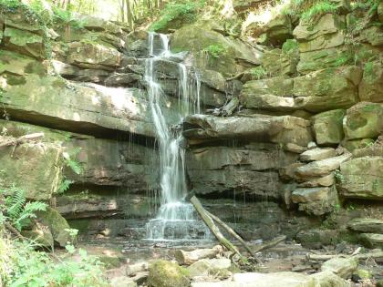 Margaretenschlucht südlich von Neckargerach Blick auf mehrere Lagen grünlich grauer, größerer und kleinerer Blocksteine, über die in der Bildmitte ein schmaler Wasserfall fließt.