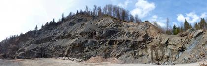 Steinbruch Auf der Wacht, Bernau Blick auf eine langgestreckte Steinbruchwand aus schwarzgrauem bis braunem Gestein. In der Bildmitte hat die Bruchwand eine bergähnliche Form; insgesamt erinnert die Bruchwand an eine schlafende Echse.