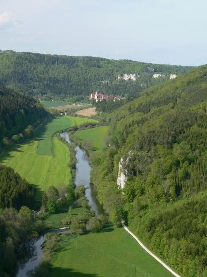 Blick vom Knopfmacherfels bei Beuron Blick aus großer Höhe auf eine schmale Talaue mit Flussschlinge. Rechts des Gewässers sowie im Hintergrund erheben sich bewaldete Berghänge mit einzelnen hervortretenden Felsen.