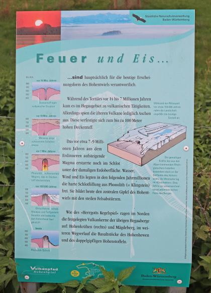 Infotafel zur Geologie am Vulkanpfad Hohentwiel bei Singen (Lkr. Konstanz) Blick auf eine farbige Hinweistafel mit Erklärungen zur Bildung des Hegaus mit seinen zahlreichen Vulkanbergen, die einst aus dem Wechselspiel von Feuer und Eis entstanden.