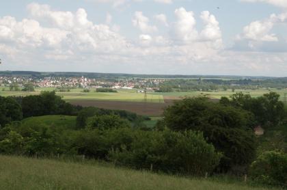 Blick in das Donautal und nach Ertingen am gegenüber liegenden Talrand Unter einem wolkigen himmel dehnt sich eine weite, flache Landschaft mit Äckern, Wiesen, Wald und Siedlungen aus. Zum Betrachter hin steigen grüne Hügel und Wiesen auf, die mit Bäumen und Büschen bestanden sind.