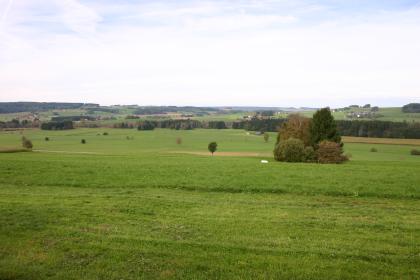 Blick über weite, flachhügelige grüne Wiesen mit Wald- und wenigen Ackerstreifen. Im Hintergrund steigen die Hügel zu beiden Seiten wieder an und sind links auch stärker bewaldet.