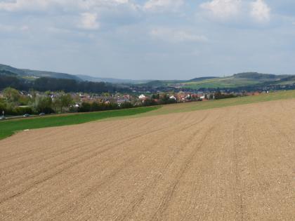 Das Bild zeigt einen leicht gewellten, von links nach rechts ansteigenden steinigen Acker. Im Hintergrund sind Waldstreifen, eine Ortschaft sowie teils grüne, teils bewaldete Höhen erkennbar.