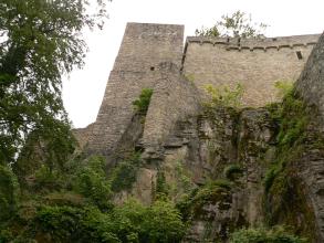 Unterhalb einer Burgruine mit Turm links und hoher Mauer rechts sind abgestufte graue Felsen erkennbar, die verwittert, mit Sträuchern bewachsen und bemoost sind.