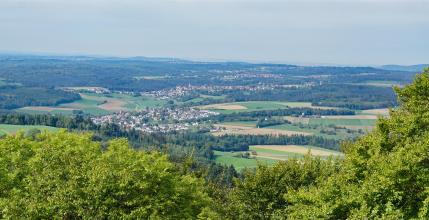 Über Baumwipfel hinweg sieht man eine hügelige Landschaft mit Wiesen, Äckern, Waldstreifen und mehreren Ortschaften. Im Hintergrund nehmen die Waldflächen zu. Auch ferne flache Bergrücken sind erkennbar.