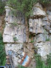 Teilansicht einer hohen Steinbruchwand mit grauem und geklüftetem, in der Bildmitte senkrecht abfließendem braunen Gestein. Fuß und Kuppe des Gesteins sind bewachsen. Unten links ist eine Baggerschaufel erkennbar.