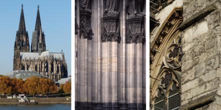 Das Foto zeigt drei Ansichten des Kölner Doms: Links eine Gesamtansicht mit Querschiff und den zwei Haupttürmen, mittig rötlich graue Steinsäulen mit dunkleren Sockelsteinen und Figuren sowie rechts die Nahaufnahme eines grünlichen Stützpfeilers.