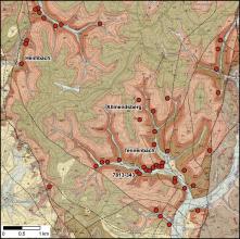 Farbige Übersichtskarte vom Gebiet nördlich von Emmendingen mit Standorten historischer Steinbrüche.
