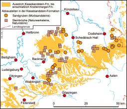 Vereinfachte, mehrfarbige Übersichtskarte mit der Lage von Sandgruben und Steinbrüchen im Kieselsandstein, etwa zwischen Filderstadt im Südwesten und Crailsheim im Nordosten.