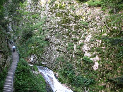 Granitfelsen am Wasserfall bei Allerheiligen Rechts sieht man eine Felswand, die stellenweise von Gräsern und Sträuchern überwachsen ist. In der Mitte fließt ein steiler Fluss. Am linken Hang befindet sich eine lange Treppe.