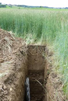 Über 3 m mächtiges Kolluvium am tiefsten, zentralen Punkt einer großen Karstsenke südöstlich von Königsheim (Lkr. Tuttlingen) Das Foto zeigt ein sehr tief aufgegrabenes Bodenprofil inmitten eines grünen Getreidefeldes.