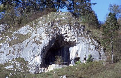 Göpfelsteinhöhle rechts der Lauchert westlich der Veringenstädter Altstadt Das Bild zeigt einen hügelartig geformten, dreieckigen Felsen, dessen Kuppe mit Bäumen und Sträuchern bewachsen ist. Das bemooste, weißlich graue Gestein weist an der Vorderseite einen hohen und breiten Höhleneingang auf.