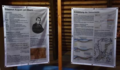 Im Ausstellungsraum des Salinenmuseums „Unteres Bohrhaus“ bei Rottweil Blick auf zwei Schauplakate, die im Salinenmuseum „Unteres Bohrhaus“ in Rottweil ausgestellt sind. Links wird der Geologe Friedrich von Alberti vorgestellt, rechts die Entstehung einer Salzschicht in der Trias erklärt.