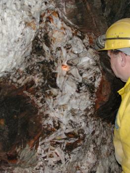 Grube Wenzel, Oberwolfach Blick auf die weiß und braun marmorierte Stollenwand eines Bergwerks.