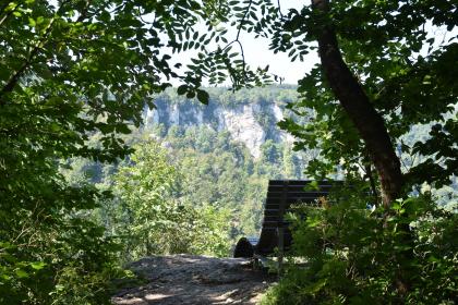 Gegenüber vom Eppenzillfelsen erblickt man im Westen an der Traufkante den Rutschenfelsen Blick von einem schattigen Aussichtsplatz mit geschwungener Sitzbank auf gegenüberliegende, bewaldete Felsformationen.