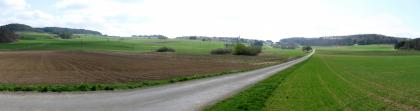 Übergangsbereich von der Hegaualb zur Altmoränenlandschaft bei Inzigkofen-Vilsingen Das Bild zeigt eine sehr wellige, zum Hintergrund hin ansteigende Nutzlandschaft mit Acker- und Grünflächen. Eine schmale Straße führt zu einer Siedlung hinauf; flache bewaldete Anhöhen rahmen diese ein.