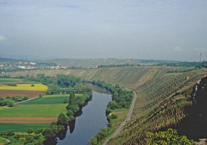Das Neckartal nordwestlich von Hessigheim Das Bild beherrschend sind steile Rebhänge, die sich vom linken Hintergrund bis nach rechts vorne, dem Betrachter entgegen, ausbreiten. Unterhalb der Hänge folgen ein Fluss sowie eine Straße dem Bogen der Rebflächen. Links des Flusses liegen Äcker.