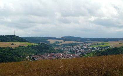 Königheim im Brehmbachtal Unter einem wolkigen Himmel und teilweise bewaldeten Hängen liegt in einem engen Tal eine Ortschaft. Links erhebt sich ein weiterer, ebenfalls nur teilweise bewaldeter Hang, rechts und im Vordergrund steigen Ackerflächen empor.