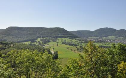 Der Albtrauf bei Reutlingen-Gönningen mit dem Stöffelberg links und dem Rossberg rechts Blick über Baumwipfel auf zum Hintergrund ansteigendes Gelände mit Wiesen, Feldern und bewaldeten Bergen, die links flach, rechts gerundet sind.