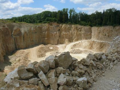 Die unterschiedliche nutzbare Mächtigkeit im Steinbruch Eigeltingen ist auf das Paläorelief zurückzuführen Blick von schräg oben in einen Steinbruch. Das anstehende Gestein ist gelblich-beige. Die Höhe der Abbauwand nimmt von links nach rechts ab, im rechten Teil wächst Wald über der Wand. Im Vordergrund des Bildes liegt Geröll.