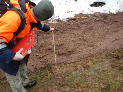 Ermittlung des maximalen Abflussquerschnitts im Transportbereich des Murgangs Zu sehen ist ein Mann in orangefarbener Jacke, der an der Kante eines Wasserlaufs einen Zollstock in eine Schlammschicht sticht.
