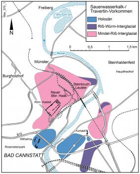Karte der Verbreitung und Altersstellung der Travertin-Vorkommen von Stuttgart-Bad Cannstatt und Stuttgart-Münster Karte mit der Umgebung von Bad Cannstatt, in der die Vorkommen von Travertin sowie die erdzeitliche Einordnung dargestellt sind.
