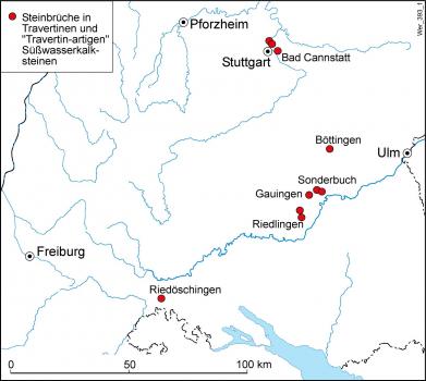 Karte der Vorkommen von Travertinen und travertinartigen Karbonatgesteinen in Baden-Württemberg Vereinfachte Karte mit punktuell eingezeichneten Vorkommen verschiedener Kalksteinarten wie Travertin und Thermalsinter.