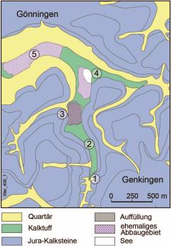 Vereinfachte geologische Karte für das Wiesaztal Blick auf eine vereinfachte farbige geologische Karte vom Wiesaztal zwischen Gönningen und Genkingen. Vorkommen von Kalktuff sind grün eingefärbt.