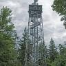 Blick auf den oberen Teil eines Aussichtsturmes mit offener Metallbauweise und Aufstiegstreppen. Auf der Spitze des Turmes befindet sich ein Funkmast. Hinten und seitlich vom Turm stehen hohe Bäume.