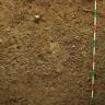 Das Bild zeigt ein Bodenprofil unter Wald. Es handelt sich um ein Musterprofil des LGRB. Das dunkelbraune Profil ist etwa 1,80 m tief.