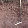 Das Foto zeigt ein Bodenprofil unter Grünland. Das rötlich gefärbte Bodenprofil ist etwa 1,20 m tief.