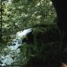 Seitlicher Blick auf den oberen Teil eines Wasserfalls. Das Wasser fließt dabei über einen simsartigen Vorsprung hinab. Der Wasserfall ist von dicht stehenden Bäumen umgeben.