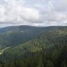 Blick aus großer Höhe auf einen nach rechts aufsteigenden bewaldeten Bergrücken. Links unten liegt ein schmales, baumloses Tal mit ein paar Häusern. Dahinter erheben sich weitere Berge.