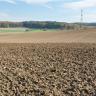 Das Bild zeigt im Vordergrund flache, dahinter gewellte, vorwiegend hellbraune Ackerflächen. Im Hintergrund schließen sich Waldgebiete an.