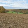 Blick auf einen sehr steinigen, fahlbraunen Acker, an den sich im Hintergrund tiefer gelegene Grünflächen sowie Waldgebiete anschließen.