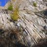 Blick aufwärts auf eine Steinbruchwand mit säulenartiger Struktur. Die Säulen verlaufen links beinahe senkrecht und werden zum rechten Bildrand hin verschrägt. 